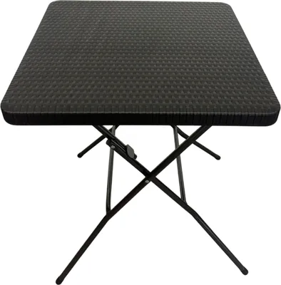 A square folding table with a textured surface and black metal legs, shown from a front-diagonal angle against a white background.