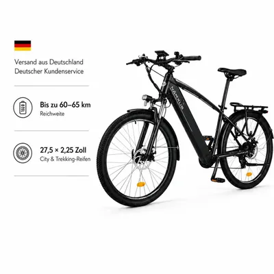 Produktbild von PIXAR M204 27,5 Zoll City-Trekking-E-Bike, 36V 12,5Ah Akku, Shimano 7-Gang, LCD-Display, Scheibenbremsen & Federgabel
