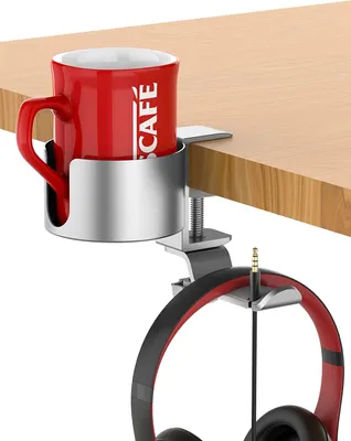 Produktbild von 360° drehbarer Metall-Kopfhörerständer, 2-in-1-Desktop-Getränkehalter mit Kopfhöreraufhänger, auslaufsicherer Desktop-Aufbewahrungsbecher(Silber)