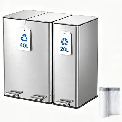 Imagen del producto de Cubos para la cocina, 20+40 litros, cubo de reciclaje con 3 compartimentos para reciclaje y residuos, tapa con cierre suave, pedal, cubetas interiores, cubo de acero inoxidable con 15 bolsas de basura, color plateado