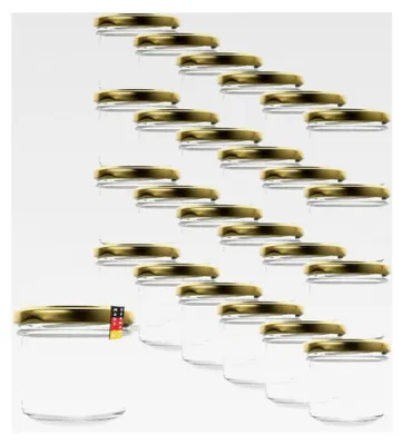 Produktbild von 24x Sturzgläser 125ml mit goldenen Twist-Off Verschlüssen zum Einmachen von Suppen, Babynahrung oder zur Aufbewahrung von Tee und Kräutern