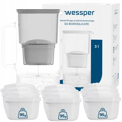 Obrázok produktu pre Wessper D2 BOROSILICATE Kanvica na filtrovanie vody 3 l, sivá – sklenená kanvica s 10 filtrami AquaMax, bez obsahu BPA
