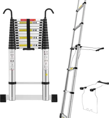 Produktbild von STANEW 5M Teleskopleiter Aluminium mit Leiterstabilisator, Mehrzweckleiter, Unterer Balancierbalken mit und Abnehmbaren Haken, Ausziehbare Leiter