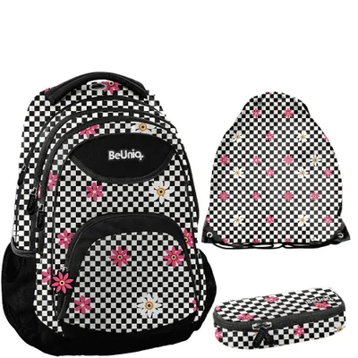 Image de Ensemble de sac à dos d'école BeUniq, 3 pièces, à carreaux et motifs floraux, pour adolescents