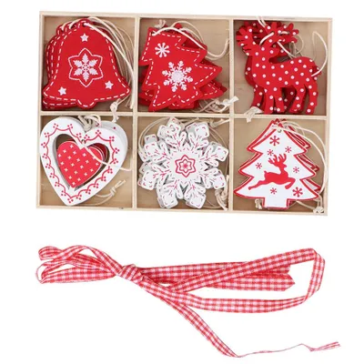 A set of Christmas ornaments in a wooden box, with a ribbon below.