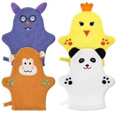 Produktbild von Baby Badehandschuhe Waschlappen 4er Set Mikrofaser Tierdesign für Kinder
