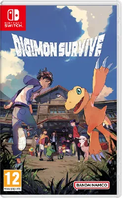 The cover art for the Nintendo Switch game Digimon Survive, featuring characters and Digimon in front of a building.