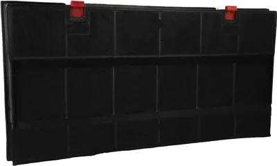 A black activated carbon filter with red clips on top, shown at an angle against a white background.