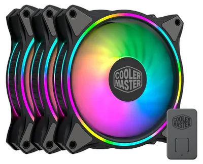 A set of three Cooler Master computer case fans with RGB lighting, along with a small controller.