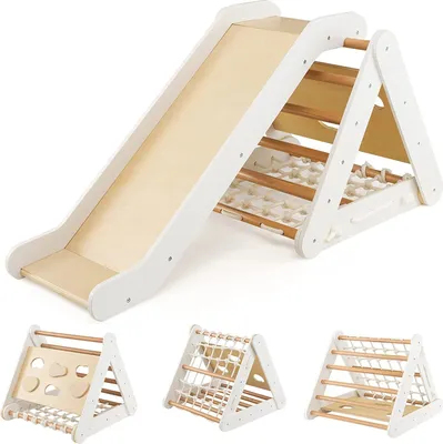 Produktbild von 4 IN 1 Kletterdreieck mit Rutsche und Kletternetz, Indoor Klettergerüst, Sprossendreieck zum Rutschen und Klettern Kletterspielzeug, aus Holz für Kinder ab 1 Jahre (Weiß)