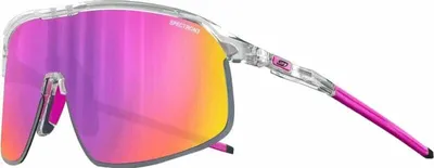 A pair of clear-framed sunglasses with pink, purple, and orange mirrored lenses and pink temples, shown against a white background.