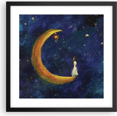 Produktbild von Gerahmtes Poster - Schwarzer Rahmen - Mädchen auf der Mond - 40x40 cm - Wand Bild - Wanddeko - Wandbilder - Kunstposter - Wandposter - Bilderrahmen - Bilder - Kunstdruck - P2BAC40x40-4575