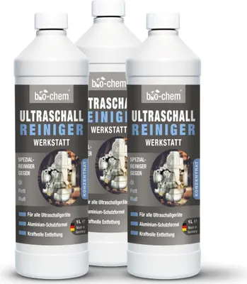 Produktbild von bio-chem Ultraschallreiniger Konzentrat Werkstatt 3L - Effektive Flüssigkeit für die Reinigung von Vergaser & Bauteilen im Ultraschallgerät oder Ultraschallbad - Für Aluminium & Metall geeignet