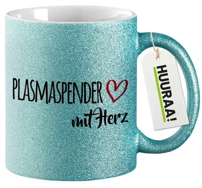 Produktbild von Huuraa Glitzertasse Plasmaspender mit Herz 330ml Blau Keramik Kaffeebecher Geschenkidee