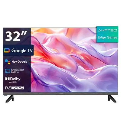 A television screen displaying abstract colorful waves, with branding and feature callouts on the left side and top right.