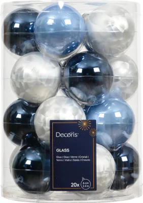 Weihnachtskugeln Glas 6cm x 20 Stück - Blau / Weiß Mix