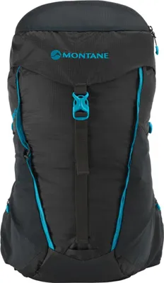 Schwarzer Rucksack "WOMEN"S TRAILBLAZER 24" von Montane mit blauen Akzenten und Reißverschluss.
