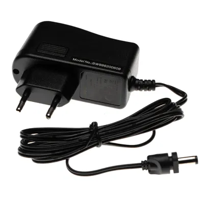 A black power adapter with a cord and a plug.