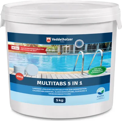 Produktbild von Veddelholzer 5 kg Multitabs 5 in 1 Chlortabletten für Pool als 200g Tabletten für große Pools ab 25m³ Pool Zubehör für Pools langsam lösliche.