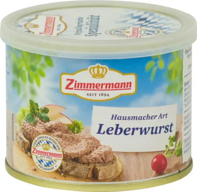 Produktbild von Food-United bayerische Dosenwurst 200g Döschen, Leberwurst nach Hausmacher Art, GQB "e Qualität Bayern"  von ZIMMERMANN Fleischwerke, passend für Brotzeit und Bier