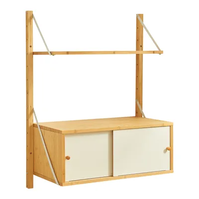A wall-mounted shelf unit with two sliding doors and a top shelf.