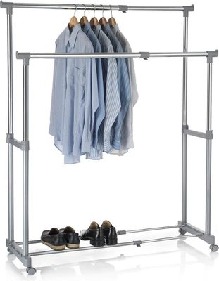Garderobenwagen Rollgarderobe Kleiderständer Kleiderwagen Garderobenständer Rollkleiderständer CASA in grau, 2 Kleiderstangen, Metallgestell verchromt, höhen- und breitenverstellbar