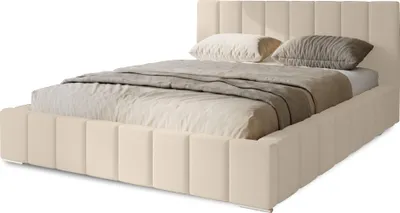 Produktbild von Polsterbett Menos 200x200 cm, Bett mit Kopfteil, Doppelbett mit Bettkasten und Lattenrost aus Holz, Velourstoff: Beige