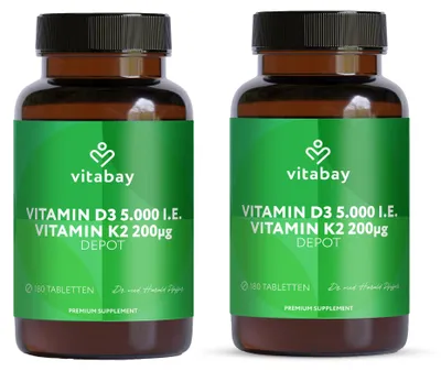Produktbild von Vitabay Vitamin D3 + K2 Depot – 360 vegane Tabletten – hochdosiert – 5000 IE Premium Vitamin D3 mit K2-MK7 All-Trans – ohne Zusätze – vegan & labor in Deutschland – 2er Bundle