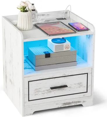 Nachtkastje mit LED, USB-C, Schublade & Fach, weiß