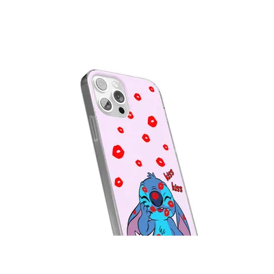 A close-up, angled view of a pink phone case with a Stitch character design and red lip prints.