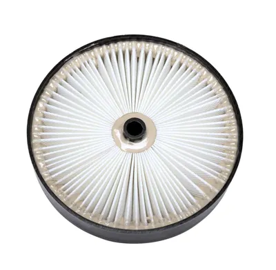 A round, pleated filter with a black center opening, isolated on a white background.