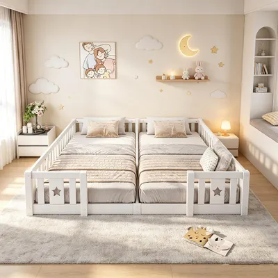 Obrázek produktu pro Postel INONEFT pro děti, rozměry 180x200 cm, Montessori postel s zábranou a dveřmi, dřevěná manželská postel s roštem, dětská postel z masivního dřeva, bílá
