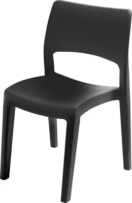 A black outdoor chair is shown against a white background.