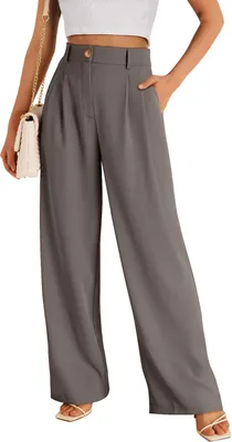 Produktbild von ASKSA Damen Anzughose Elegant High Waist Palazzo Hose Einfarbig Freizeithose mit Taschen, Braun, Groesse: XXL