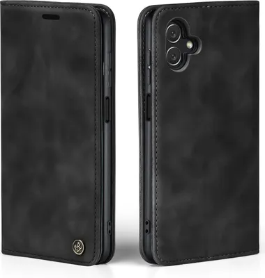 A black flip cover phone case shown from two angles.