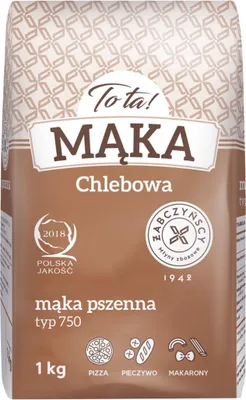 A bag of flour with product information and branding.