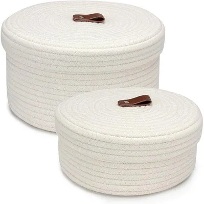 Obrázok produktu pre Sada dvoch úložných košov s vekom, biela – 28,5 x 16 cm a 25 x 10 cm, ideálne do kúpeľne, na kozmetiku a príslušenstvo