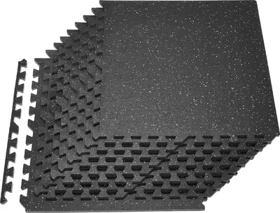 Produktbild von VEVOR 12 x Puzzlematte Bodenschutzmatte 610 x 610 x 14 mm, Hochdichte EVA-Schaumstoffmatte, Ineinandergreifende Fitnessmatte Gymnastikmatte Sportmatte, Trainingsmatte (Schwarz) mit Weißen Punkten