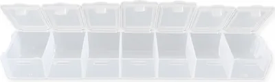 A transparent plastic organizer box with seven compartments, shown with all lids open.