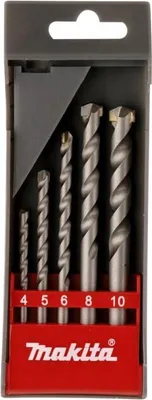 A set of five drill bits in a red and gray plastic case.
