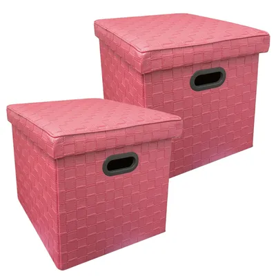 Immagine prodotto di Set di 2 poggiapiedi contenitori in ecopelle rosa | Cubo poggiapiedi con coperchio, pieghevole | Contenitore poggiapiedi effetto pelle | Panca decorativa, contenitore impilabile