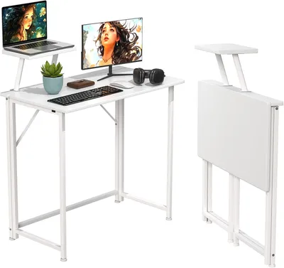Produktbild von Kleiner klappbarer Schreibtisch, Computertisch mit abnehmbarem Höhenerhöhungsbügel, platzsparend für Heimbüro und Arbeitszimmer (Weiß, 80x45x75cm)