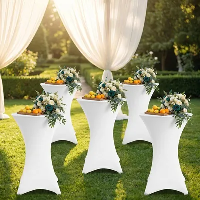 Produktbild von Ikodm 5er Set Stehtischhusse Stretch Weiß – Elastische Husse für Bistrotisch Ø 70–75 × 110 cm mit 4 Fußlaschen