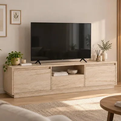 Image de Morrigan - Meuble TV, 160x30x42h cm Beige, une étagère