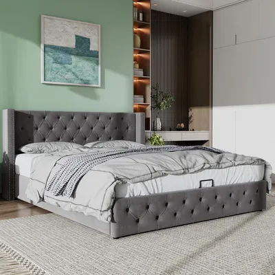 Image de Lit double rembourré 180 x 200 Le dessous du lit est recouvert d'un tissu non tissé noir anti-salissures, Gris