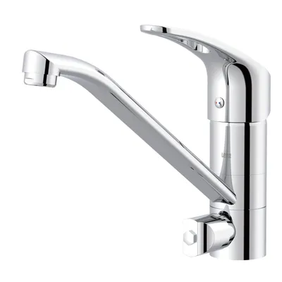 A chrome kitchen faucet against a white background.