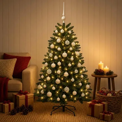 Productafbeelding van Kunstkerstboom middengroen met kerstbal 150 cm 150 LED's