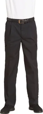 A person wearing black pants and a white shirt, standing against a white background.