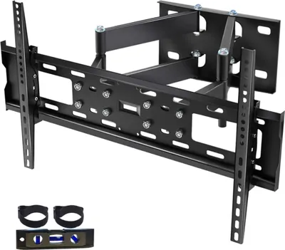 A black metal TV wall mount with adjustable arms and included accessories.