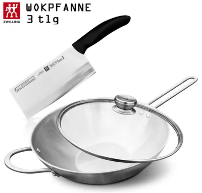 A wok pan with a lid and a cleaver knife are displayed against a white background.